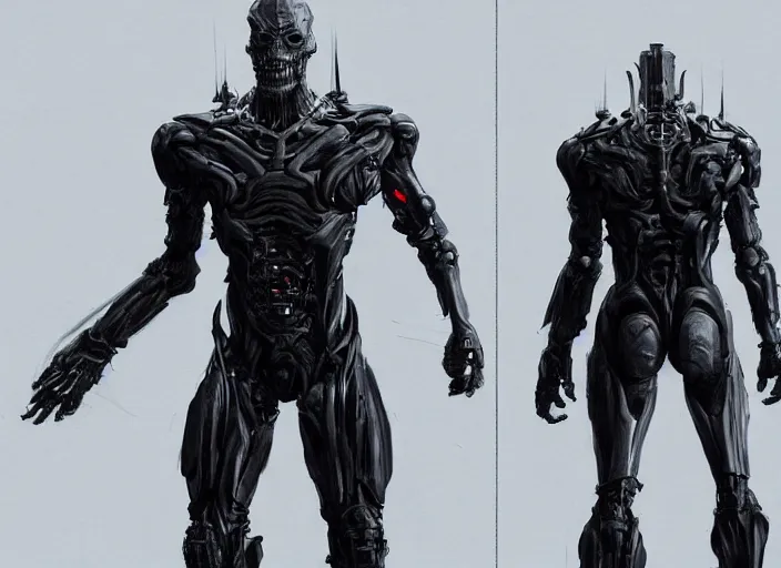 Image similar to willem dafoe as victor stone, full body concept, cyborg, borg, strogg, face of a man, terminator, flesh, quake strogg, doom demon, wolfenstein, monstrous, symmetry, symmetrical, concept art by ruan jia and greg rutkowski