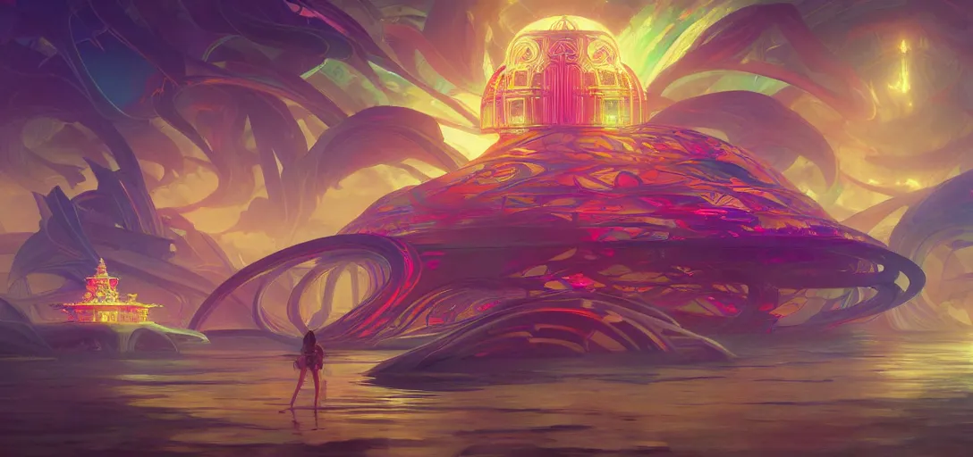 Image similar to a floating temple, channeling swirling energy, wearing netrunner clothing, vaporwave aesthetic, colorful, psychedelic, digital painting, artstation, concept art, smooth, sharp focus, illustration, art by artgerm and greg rutkowski and alphonse mucha