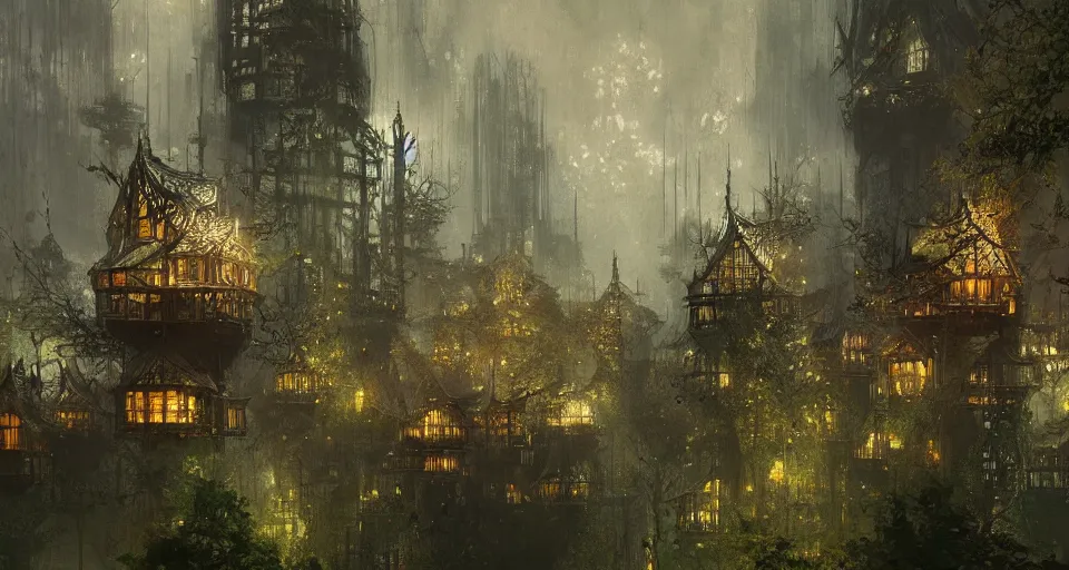 Image similar to city of tree - houses at caras galadhon, intricate, elegant, highly detailed, john park, frazetta, john howe, ruan jia, jeffrey catherine jones