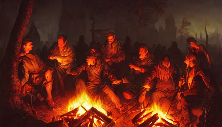 Prompt: a great inquisitor are roasting marshmallows on a campfire, behind which is a village burning with fire, fine details, blood, digital art, volumetric lighting, cinematic light, photorealistic, by greg rutkowski, by marc simonetti, by giger, by caravaggio, perfect faces, fine details, 4 k,