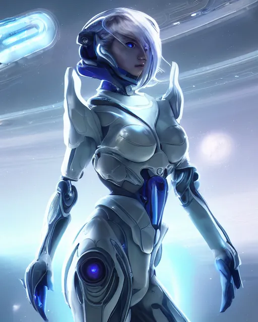 Image similar to perfect android girl on a mothership, warframe armor, beautiful face, scifi, futuristic, galaxy, nebula, bae suzy, dreamy, long white hair, blue cyborg eyes, sharp focus, cinematic lighting, highly detailed, artstation, divine, by gauthier leblanc, kazuya takahashi, huifeng huang