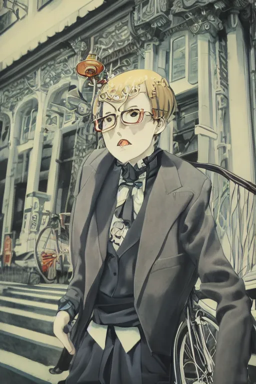 Prompt: Kodak portra 160, 8K, highly detailed, seinen manga 3/4 closeup portrait, eye contact, focus on art nouveau suit, tilt shift background: famous artist in syd mead anime remake, Cat scene, bicycle shop setting