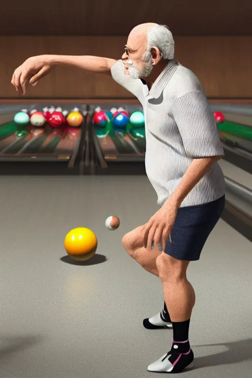 Prompt: a stylized 3 d old man character bowling, wearing short shorts, long socks and a bowlers shirt