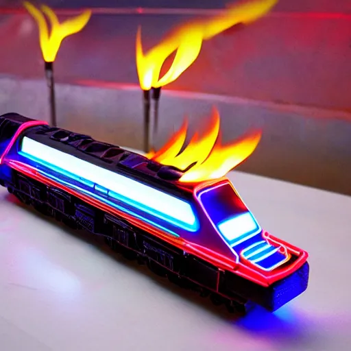 Image similar to cybertronic neon train, mechanical, glowing, shooting flames