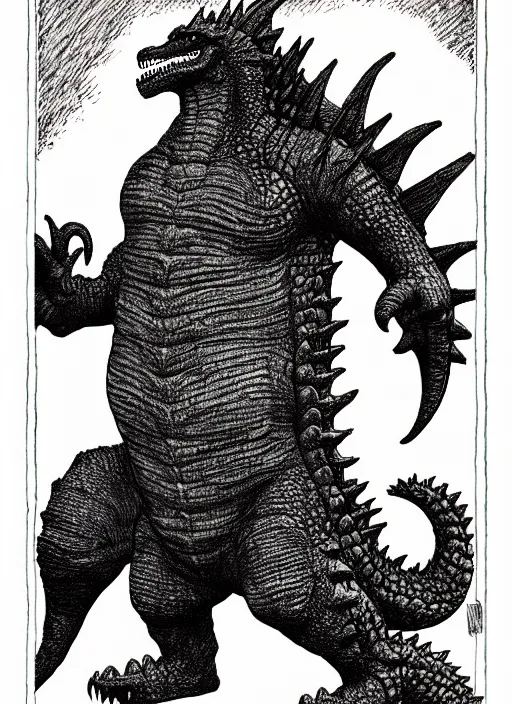 Image similar to godzilla as a d & d monster, full body, pen - and - ink illustration, etching, by russ nicholson, david a trampier, larry elmore, 1 9 8 1, hq scan, intricate details, stylized border