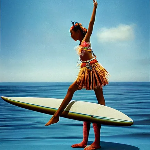 Image similar to The computer art depicts a young girl in a traditional hula outfit. She is standing on a surfboard in front of a beautiful ocean landscape. midday by Tim Walker, by Ed Emshwiller organic