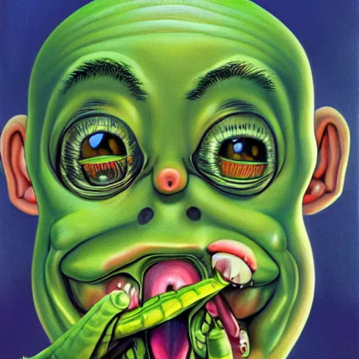 Image similar to beautiful lifelike painting of praying mantis garbage pail kid, hyperreal detailed facial features and uv lighting, art by ed roth and basil wolverton