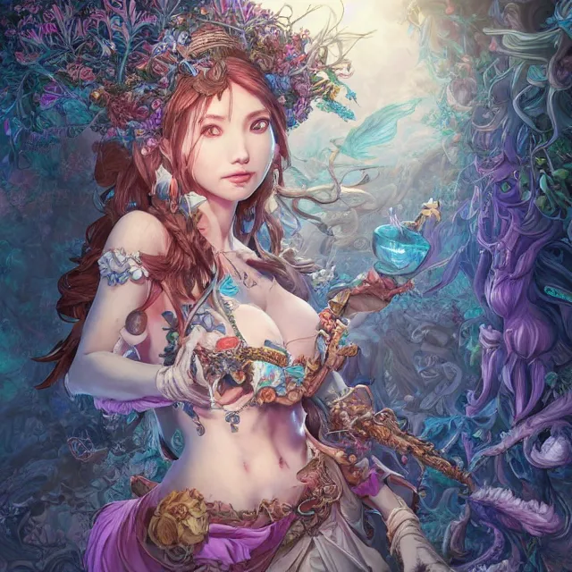 Image similar to the portrait of chaotic good female druid alchemist as absurdly beautiful, gorgeous, elegant, young gravure idol, an ultrafine hyperdetailed illustration by kim jung gi, irakli nadar, intricate linework, sharp focus, bright colors, octopath traveler, final fantasy, unreal engine 5 highly rendered, global illumination, radiant light, detailed and intricate environment