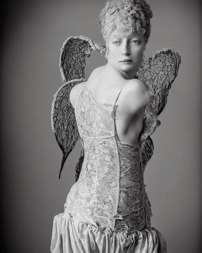 Prompt: a renaissance styled baroque photograph of an anatomically correct woman angel wearing an intricate lace corset by aj hamilton