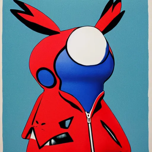 Prompt: A cute pokemon that resembles a blue bill wearing a puffy red coat by James Rosenquist