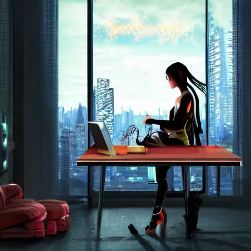 Image similar to cluttered living room wide shot cyberpunk high tech, cool cybernetic girl sitting at table, through the window is a cityscape, dramatic lighting, god rays, music by vangelis