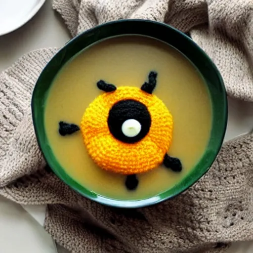 Image similar to a bowl of soup that looks like a monster that is knitted out of wool