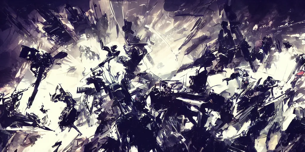 Prompt: concept art of pop star music concert by yoji shinkawa and ashley wood and j. m. w. turner, speed painting, photo bash, cinematic angle, super detailing, strong perspective