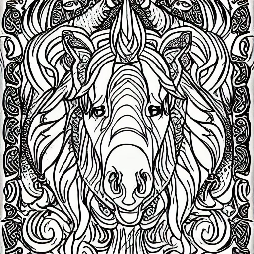 Prompt: fantasy unicorn coloring page, coloring pages for kids