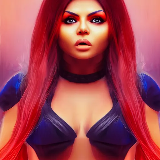 Image similar to portait of haifa wehbe, sadness look, long hair blue centred, hd, digital painting, unreal engine, final fantasy style, amazing red orange background theme