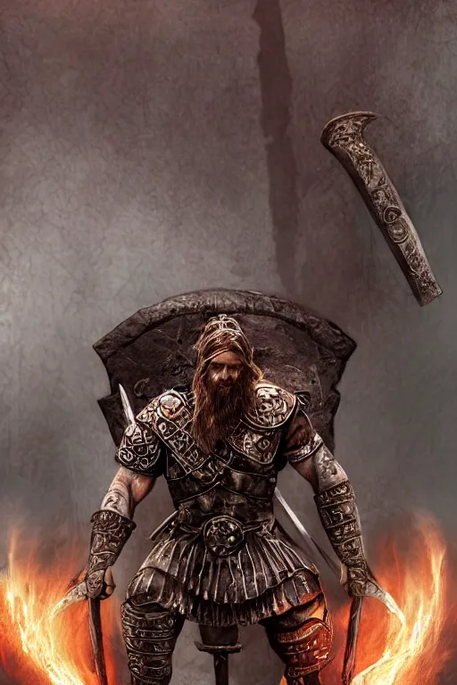 Prompt: full body aesthetic digital illustration of a viking warrior kneeling before a broken throne, by anne stokes | dirty and bloody, battlefield, concept art, unreal engine, finalrender, centered, deviantart, artgerm