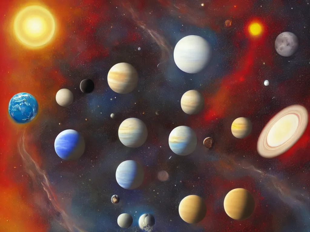 Image similar to A beautiful painting of five planets by Gioele Muscolino and Daniel Oxford, five planets that are black, white, yellow, red, and blue, behind the galaxy and the universe, Trending on artstation, By Emmanuel Lubezki