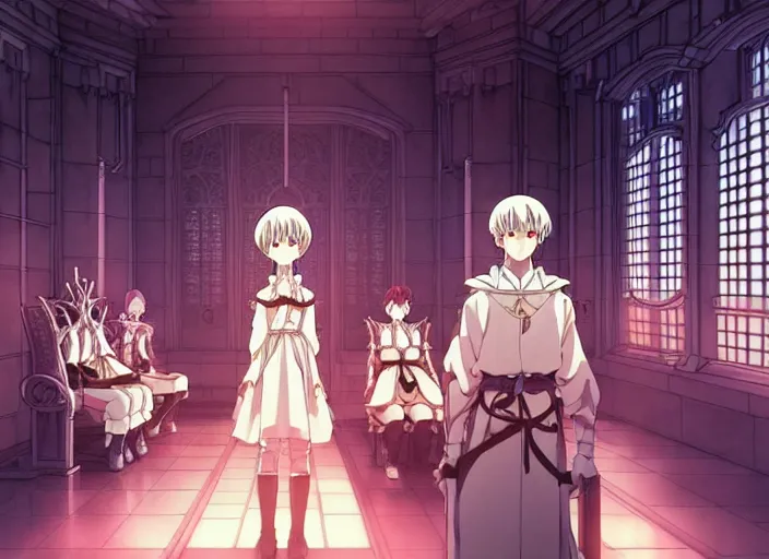 Image similar to key anime visual portrait of the interior of a castles throne room, servants, dynamic pose, cinematic, film grain, designed by yoh yoshinari but drawn by range murata, detailed, intricate, at night, dramatic lighting