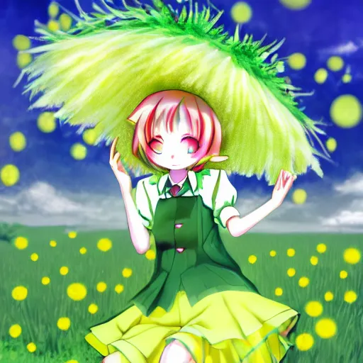 Image similar to Komeiji Koishi dancing in a field of dandelions, anime, Touhou, digital art, soft lighting