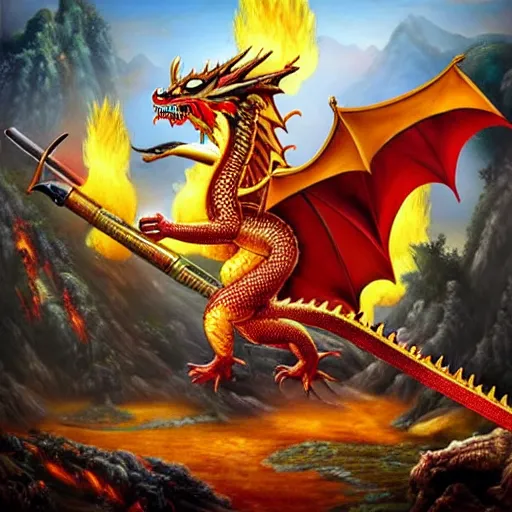 Image similar to Chinese president, bananas weapon, dragon, fight, flaming mountain, painting, epic