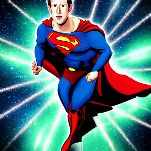 Image similar to mark zuckerberg as a superman with laser beams shooting out of his eyes