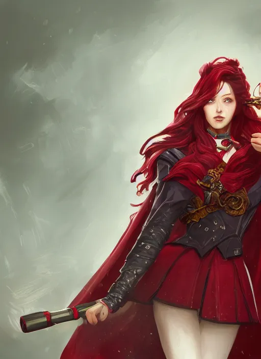 Image similar to a highly detailed illustration of beautiful long dark red haired woman wearing wine red epaulette uniform and coat cape, dramatic wielding strings pose, intricate, elegant, highly detailed, centered, digital painting, artstation, concept art, smooth, sharp focus, league of legends concept art, wlop