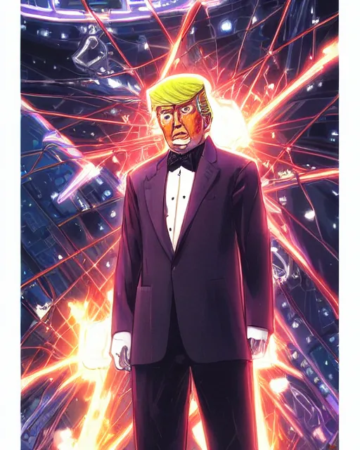 Image similar to portrait of trump, cybernetic enhancements, art by makoto shinkai and alan bean, yukito kishiro