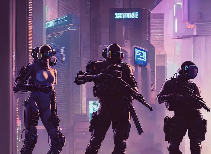 Prompt: cyberpunk swat team assaulting corprate headquarters. portrait by stonehouse and mœbius and will eisner and gil elvgren and pixar. character design. realistic proportions. cyberpunk 2 0 7 7 character art, blade runner 2 0 4 9 concept art. cel shading. attractive face. thick lines. the team. diverse characters. artstationhq.