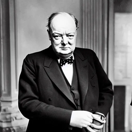 Image similar to Winston Churchill drinking a can of coca cola, profile photograph