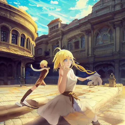 Prompt: blonde - haired princess, anime princess, wearing casual clothes, action pose, parkour, plaza, greco - roman pillars, golden hour, partly cloudy sky, sepia sun, strong lighting, strong shadows, vivid hues, ultra - realistic, sharp details, subsurface scattering, intricate details, hd anime, 2 0 1 9 anime