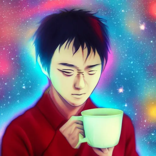 Image similar to A man drinking a cup of cosmic energy bright light by Masafumi Harada, 4k, digital art, surreal, anime style, Park Sung-woo Red Ice style