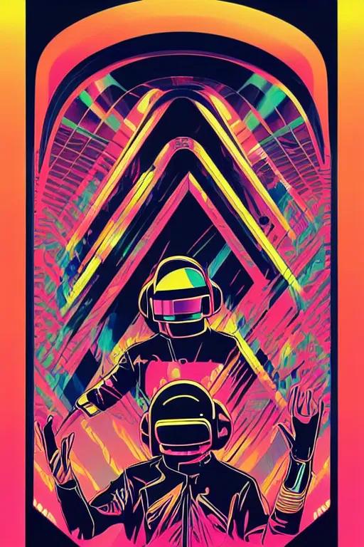 Prompt: a 8 0 s art deco poster of daft punk alive 2 0 0 7 pyramid festival stage, poster art by kilian eng, moebius, behance contest winner, psychedelic art, concert poster, poster art, maximalist