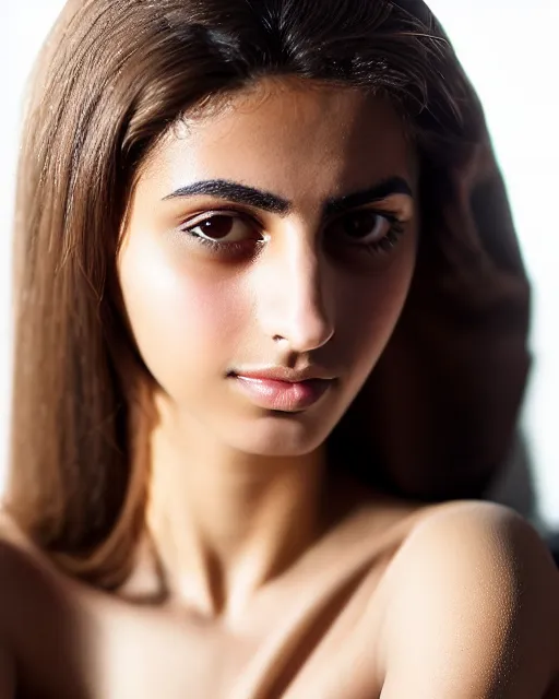 Image similar to a highly realistic, true to life portrait of a beautiful young middle eastern girl, sharp focus, from the waist up, with sharp features, a beautiful face, soft smile, under studio lighting, taken with a canon eos camera with 1 3 5 mm focal length, volumetric lighting, epic, masterpiece, by greg rutkowski