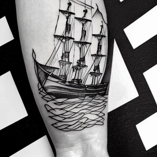 Prompt: a pirate ship sailing in the sea, realism tattoo design, white background, by Matteo Pasqualin tattoo artist