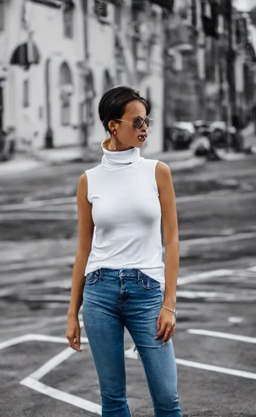 Image similar to Woman in White Sleeveless turtleneck t-shirt and jeans