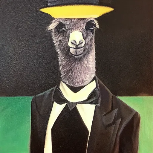 Image similar to an oil painting of a llama wearing a tuxedo and top hat