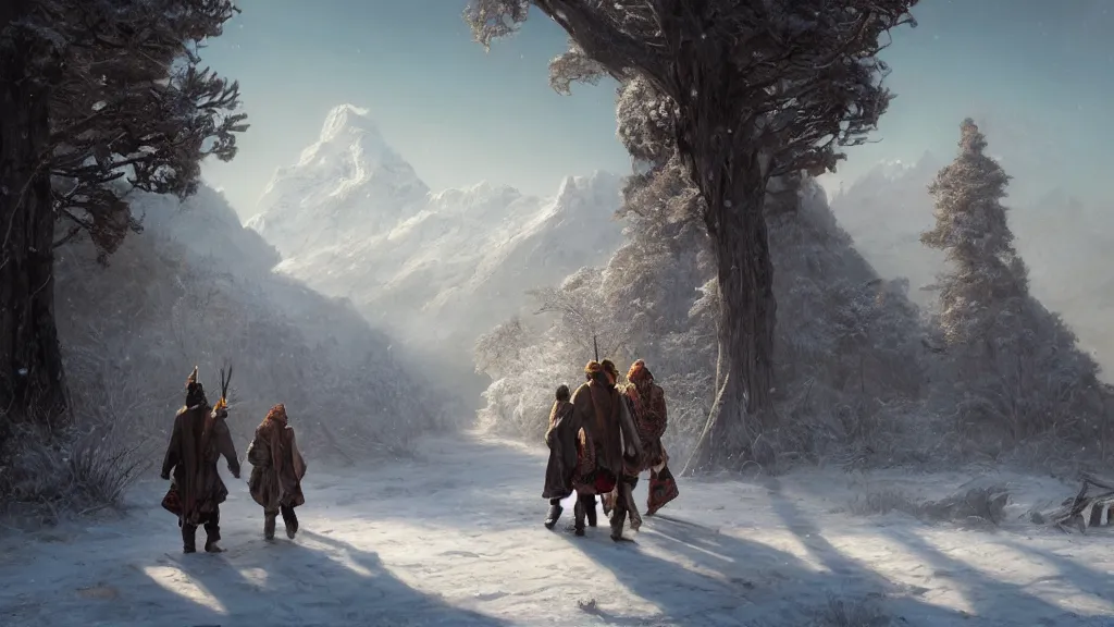 Image similar to highly detailed image of two indigenous travelers, walking in a line, traditional clothing, unreal engine, fantasy art by greg rutkowski, snowy mountains, lake, winter, hunter, by greg rutkowski, cgsociety, ferdinand knab, rossdraws, tom bagshaw, global illumination, radiant light, detailed and intricate environment