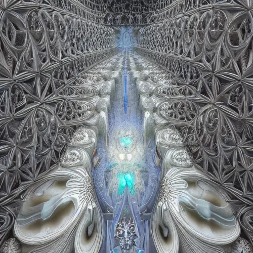 Prompt: hyperrealistic 3 d render of a massive fractal cathedral interior populated by mandelbrot fractals, unreal engine, carved ivory, octane render, volumetric lighting, hyperrealism, shocking, glowing, carved marble, opalescent, carved soap, neon, sacred geometry, angelic, catholicpunk, photorealism, 8 k, trending on artstation