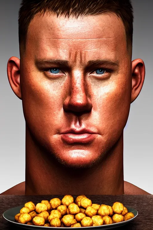 Image similar to a head shot of channing tatum as half human and a tater tot on a plate, tater tot face, ef 8 5 mm f 1. 8 usm, bionic scifi alexandre ferra, hyper detailed, digital art, trending in artstation, cinematic lighting, studio quality, smooth render, unreal engine 5 rendered, octane rendered