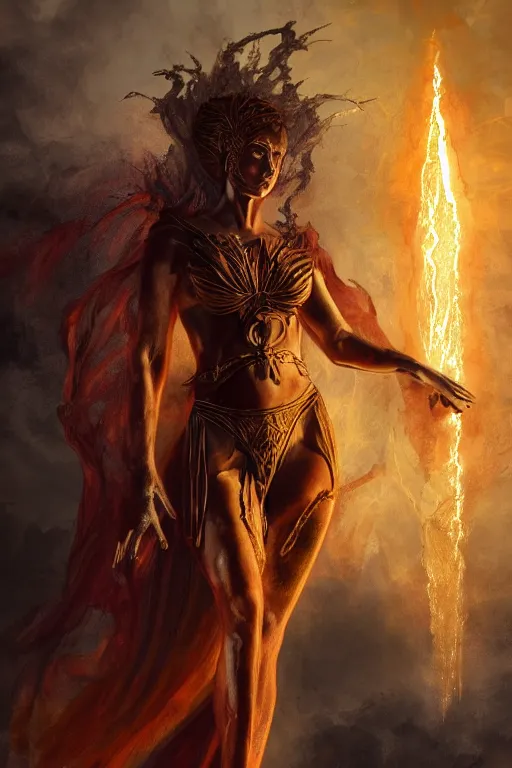 Prompt: fantasy character concept portrait, digital painting, wallpaper of a volcanic goddess with skin of obsidian, with veins of magma and gold, renaissance nimbus overhead, by aleksi briclot, by laura zalenga, by alexander holllow fedosav, 8 k dop dof hdr, vibrant