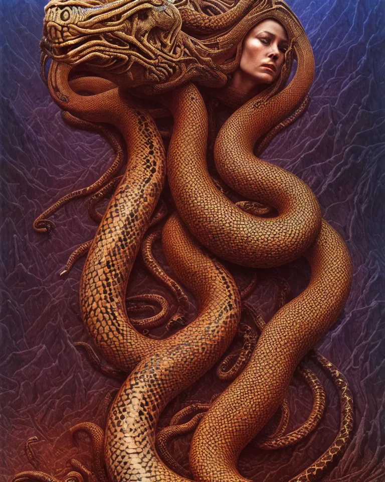 Image similar to ultra realist intricate detailed portrait of an attractive female turning into a snake in an alien landscape, insanity, accurate features, apocalyptic, very intricate details, 8 k resolution, dim lighting, volumetric lighting, artstyle, zdzisław beksinski and keith thompson, award winning