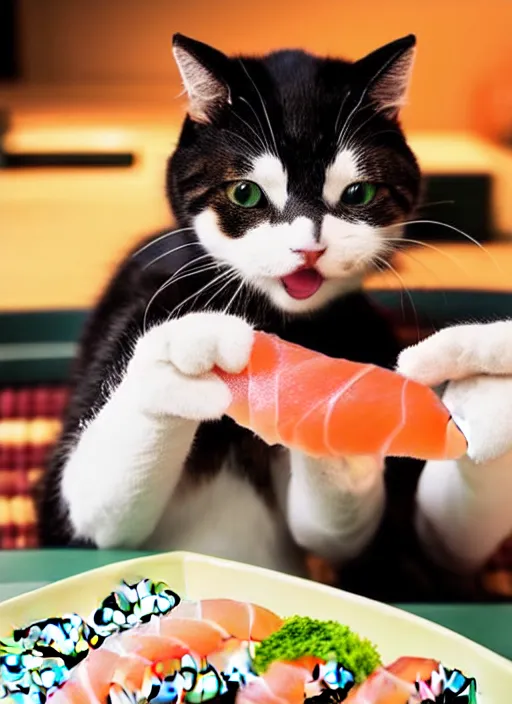 Image similar to clear photograph of cute cats stealing sushi from sushi plates