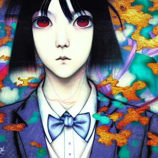 Image similar to yoshitaka amano blurred and dreamy realistic three quarter angle portrait of a young woman with short hair and black eyes wearing office suit with tie, junji ito abstract patterns in the background, satoshi kon anime, noisy film grain effect, highly detailed, renaissance oil painting, weird portrait angle, blurred lost edges