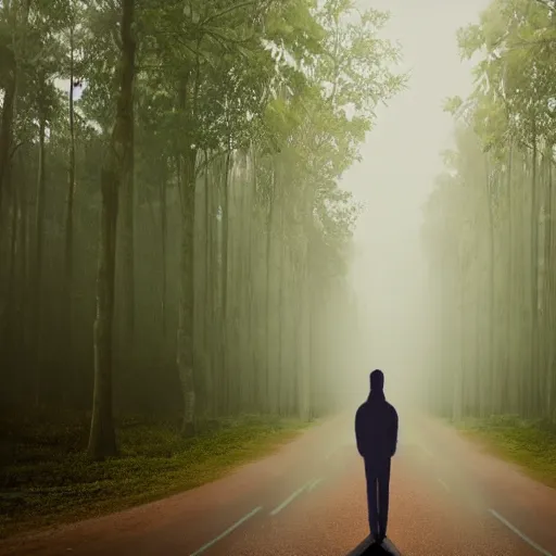 Image similar to super ultra realistic image man standing on an nostalgic street the background is a huge forest the road is between a forest it is raining and also fog