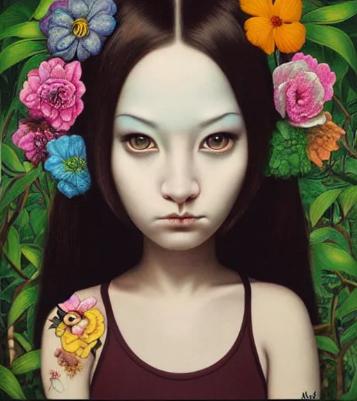 Image similar to portrait of a flowerpunk girl's face, lowbrow painting by mark ryden and hiroyuki mitsume - takahashi and margaret keane