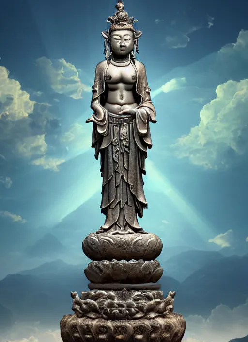 Image similar to guanyin stand on big loutus, a godness of the southern seas, a realistic setting with muted colors, visual novel cover, by yoshitaka amano, zeng fanzhi, jane hamilton, tiffany studios, sunrays shine uponit, frostbite 3 engine, cryengine, dof, trending on artstation, digital art, fantasy detailed background