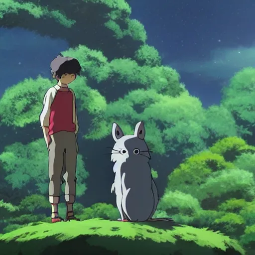 Image similar to guy and friendly creature looking at each other, made by Studio Ghibli detailed art, beautiful scene, , sharp focus, smooth,