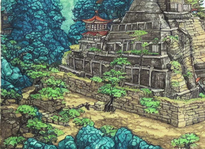 Image similar to japanese fortress in a city inside the forest by studio ghibli painting