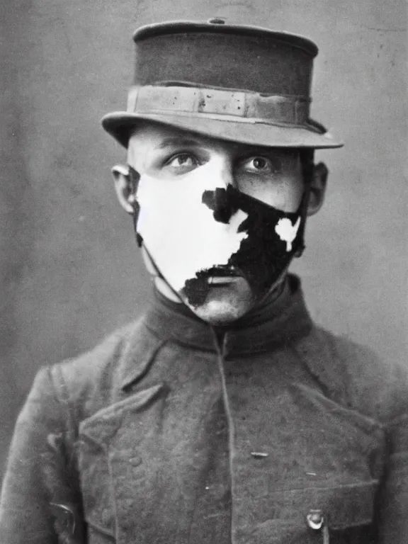 Image similar to portrait of man with rorschach mask, ww1 photo, grainy, high detail, high resolution,