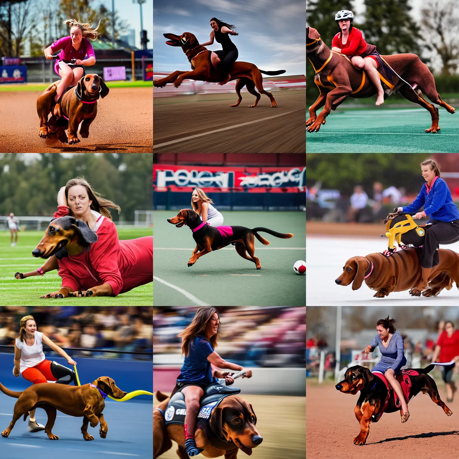 Prompt: still of a woman riding on a giant dachshund, sports photography, action photography